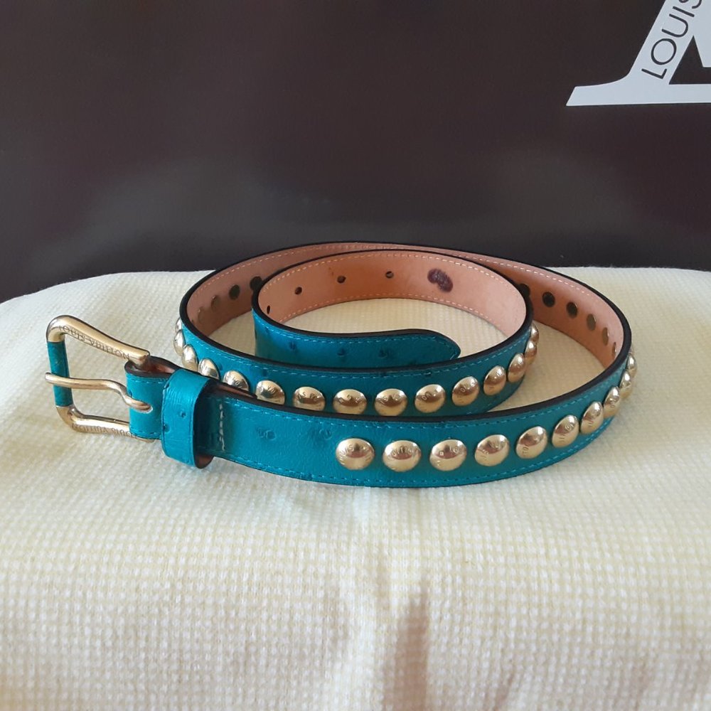 Extremely Rare Blue Stud Limited Edition Exotic Ostrich Skin Leather Belt Jeans